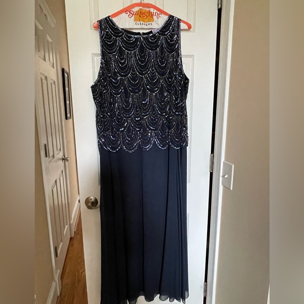 JKARA navy blue sequin and bead sleeveless gown with shawl/long scarf 24W